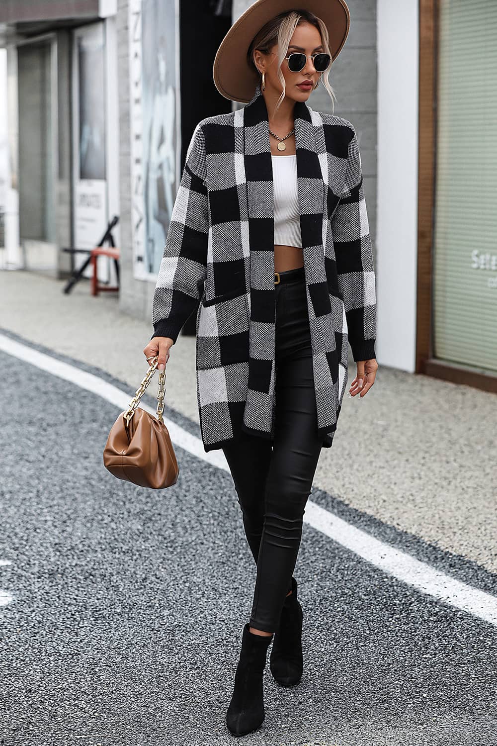 Plaid Color Block Knitted Cardigan Sweater