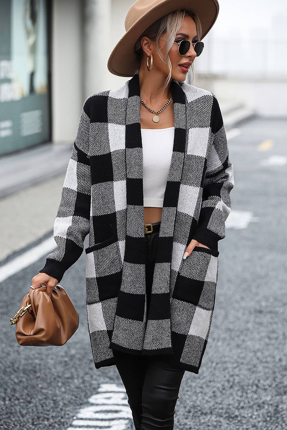 Plaid Color Block Knitted Cardigan Sweater