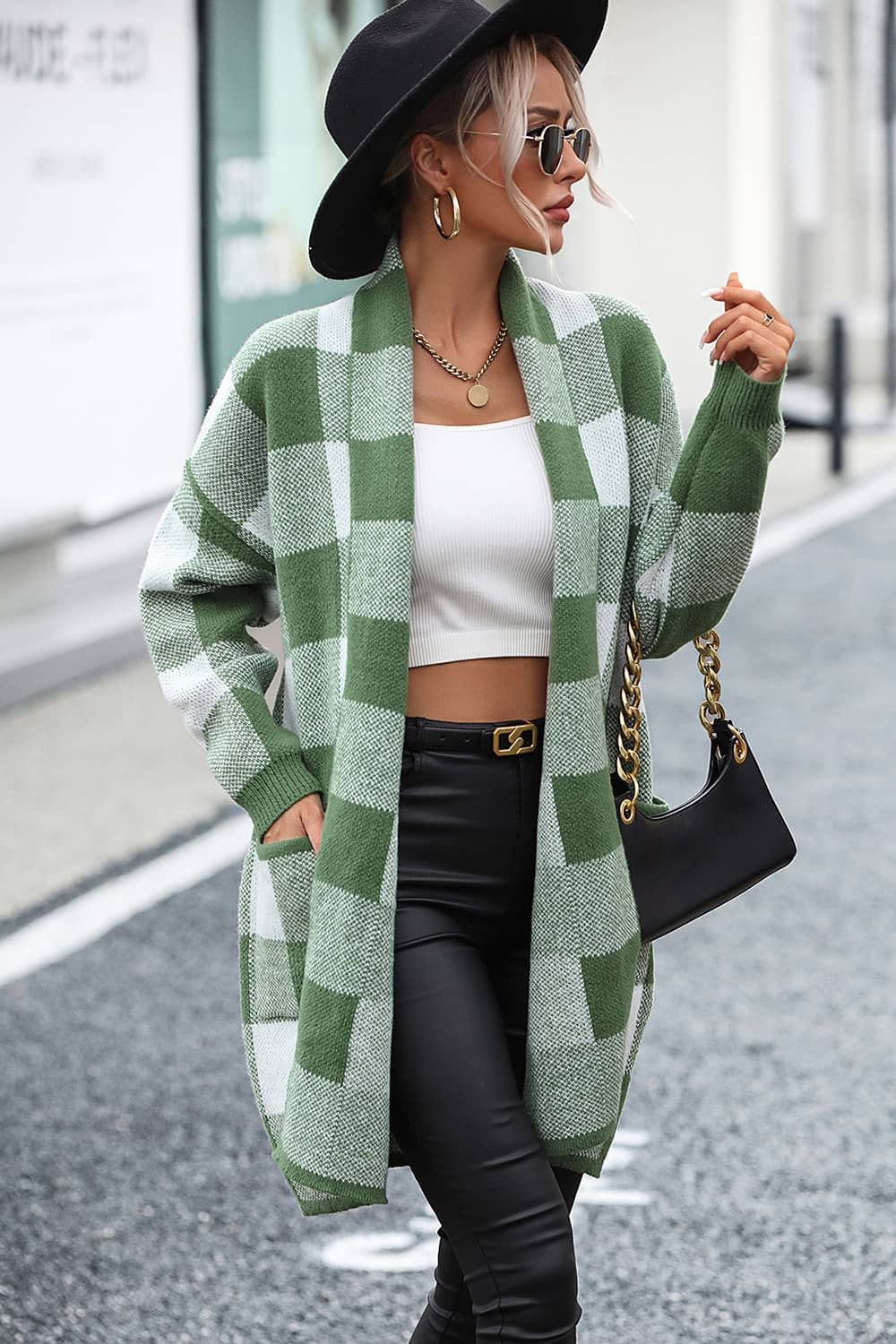 Plaid Color Block Knitted Cardigan Sweater