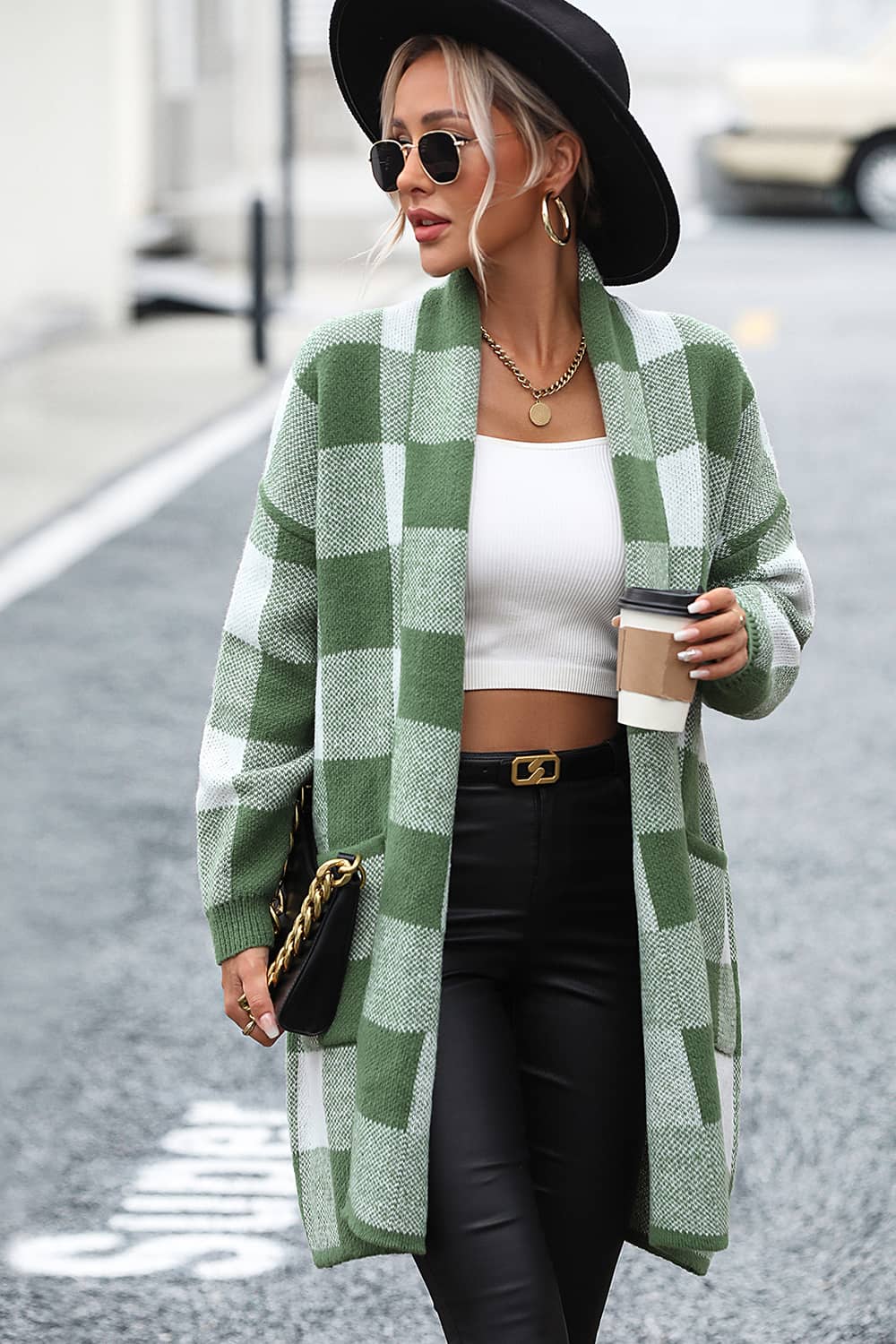 Plaid Color Block Knitted Cardigan Sweater
