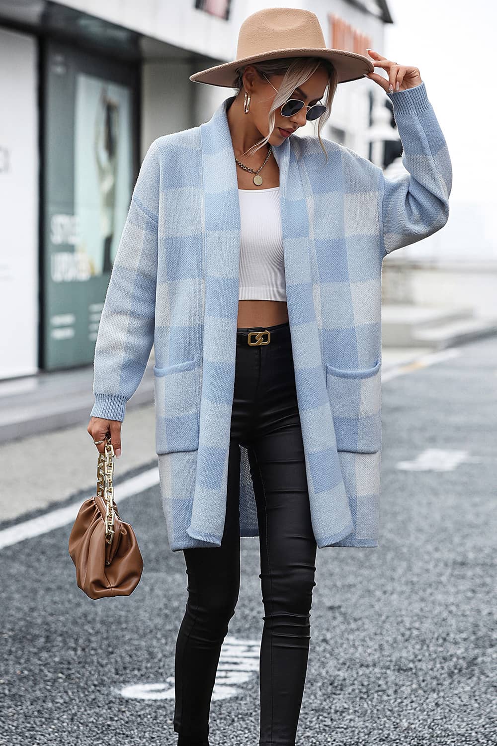 Plaid Color Block Knitted Cardigan Sweater