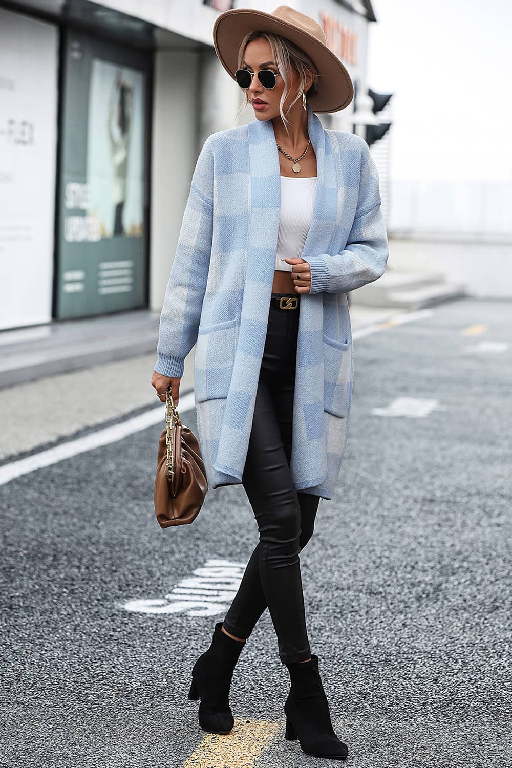 Plaid Color Block Knitted Cardigan Sweater