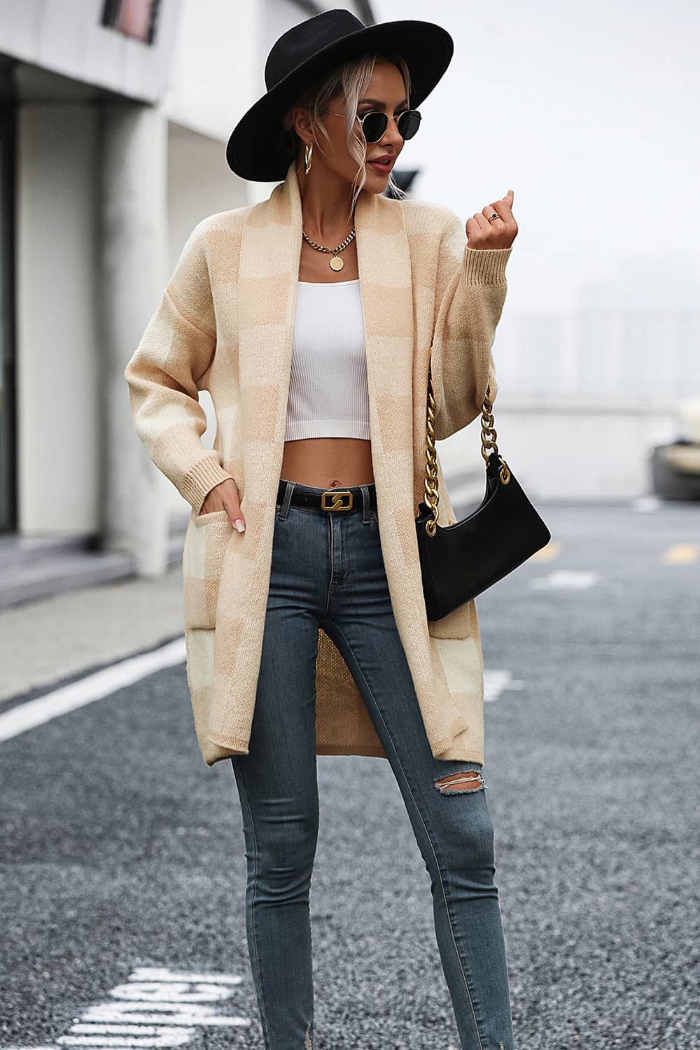 Plaid Color Block Knitted Cardigan Sweater