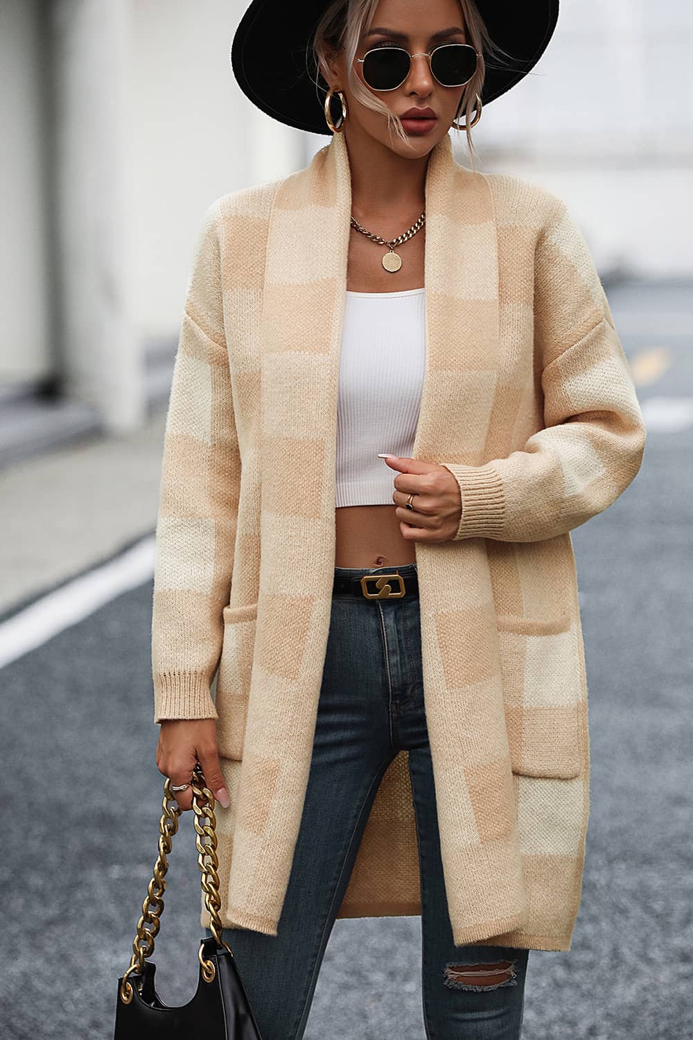 Plaid Color Block Knitted Cardigan Sweater