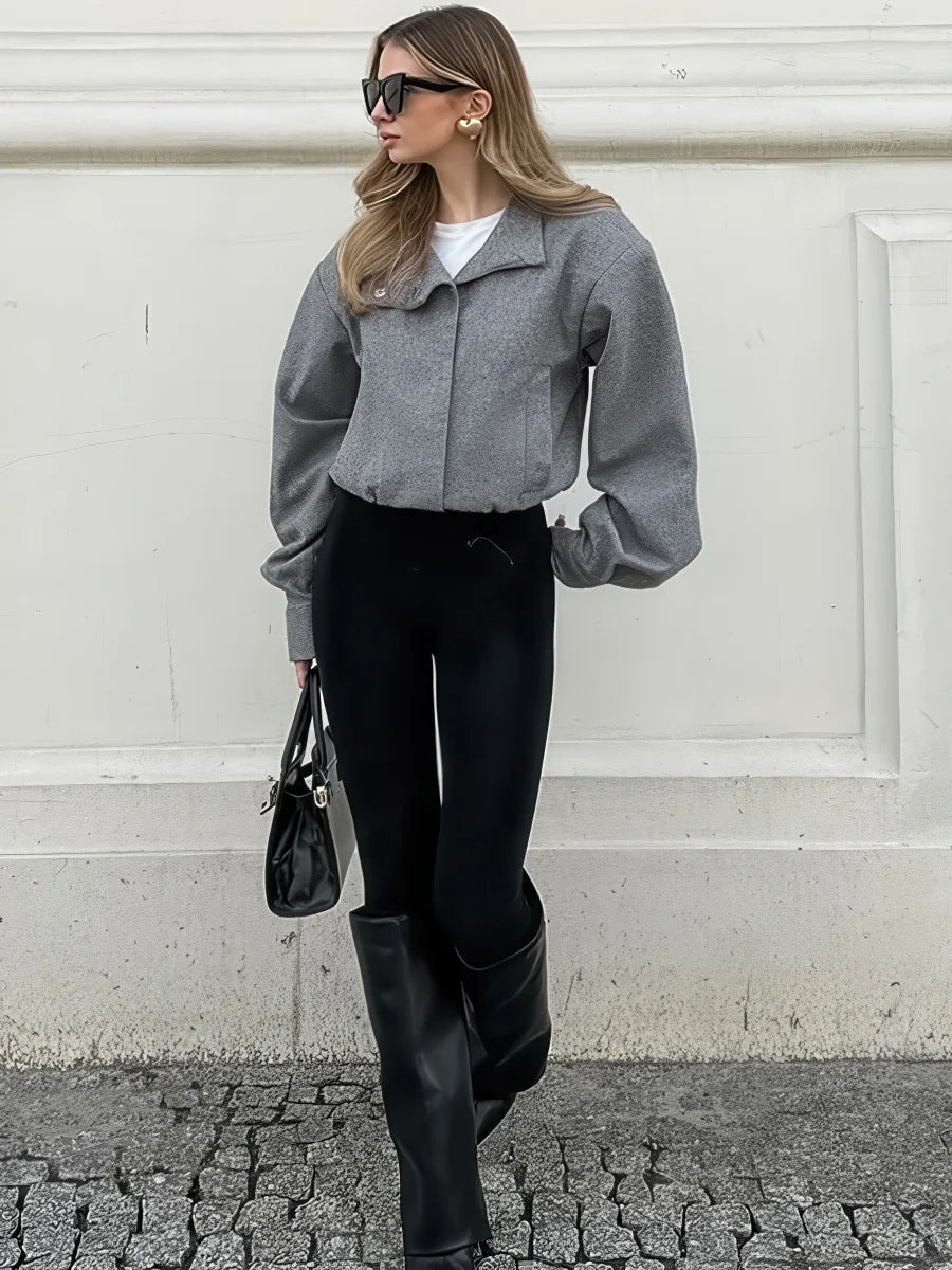 Stylish gray coat with mock collar for women