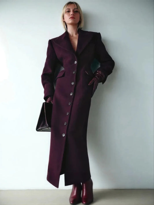 Women's Lapel High-Waisted Long Wool Coat