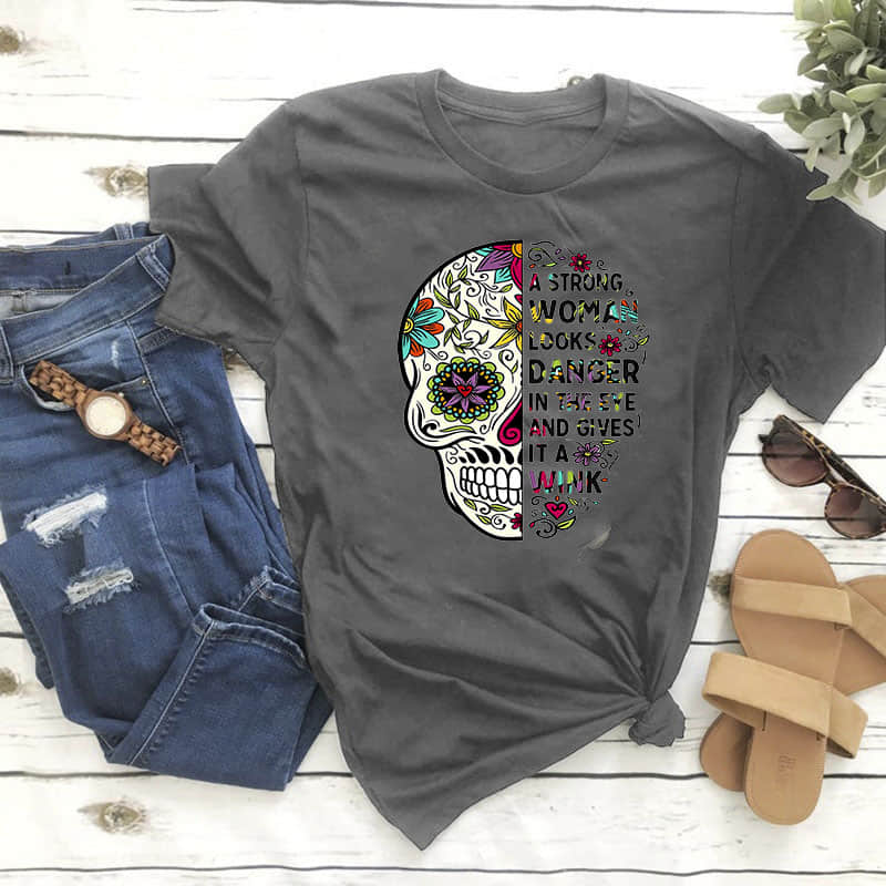 Women's color skull letter print T-shirt Gray / 3XL | IFAUN