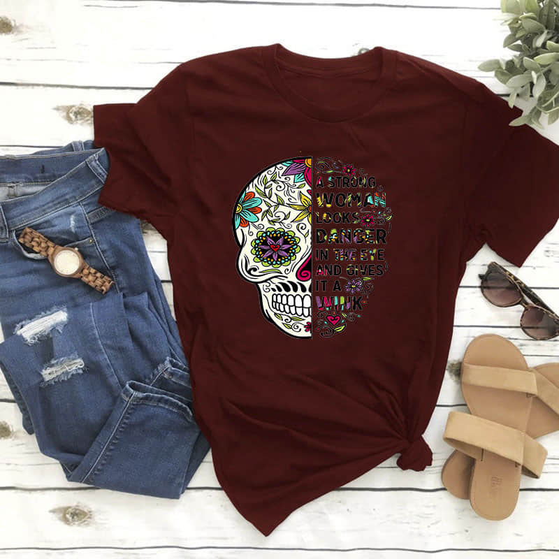 Women's color skull letter print T-shirt DarkRed / 3XL | IFAUN