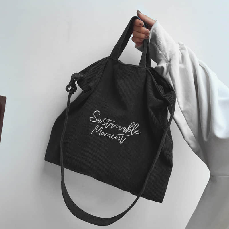 Fashion Tote Shoulder corduroy Bag Black | IFAUN