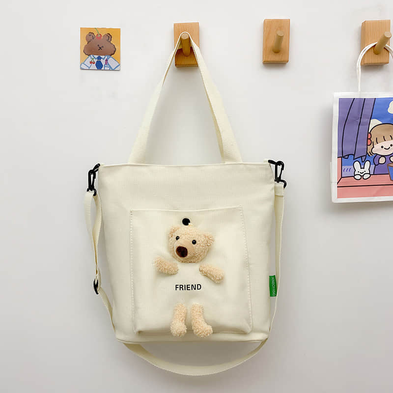 Cute bear large capacity canvas bag tote bag White | IFAUN