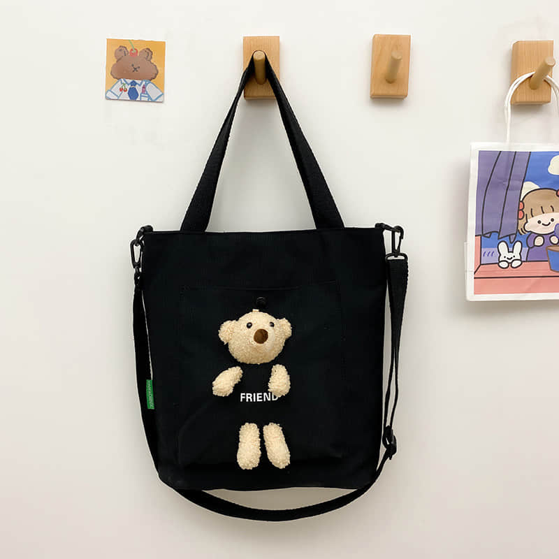 Cute bear large capacity canvas bag tote bag Black | IFAUN