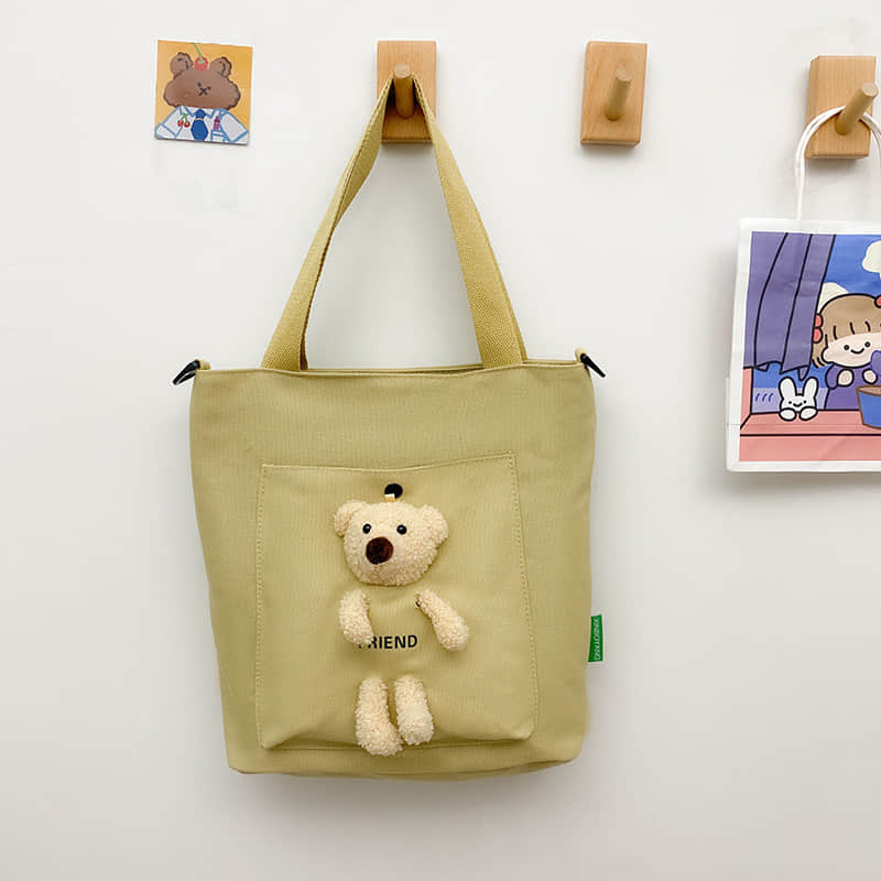 Cute bear large capacity canvas bag tote bag Khaki | IFAUN