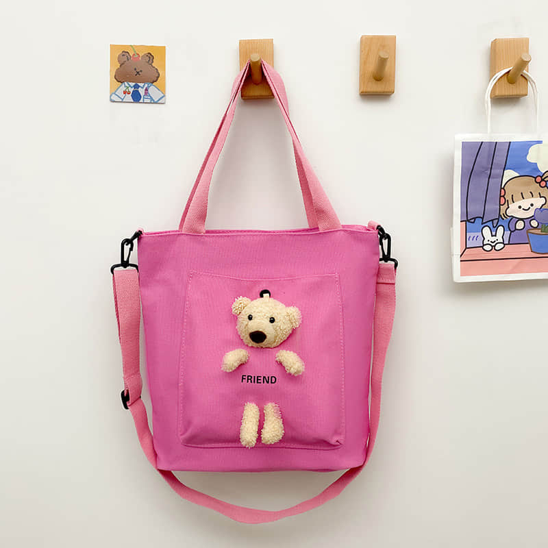Cute bear large capacity canvas bag tote bag HotPink | IFAUN