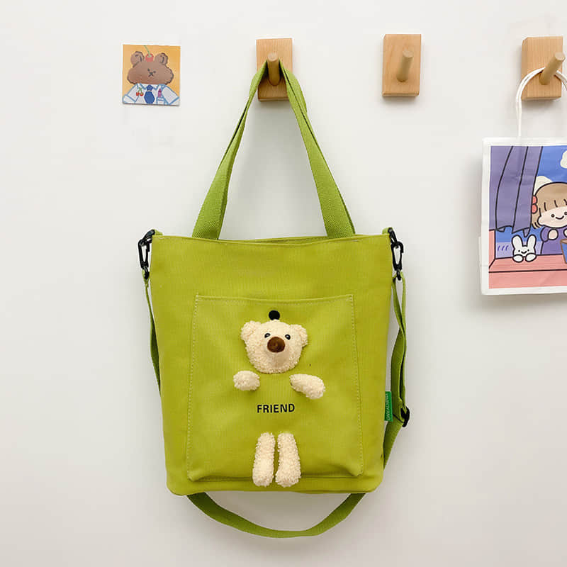 Cute bear large capacity canvas bag tote bag YellowGreen | IFAUN