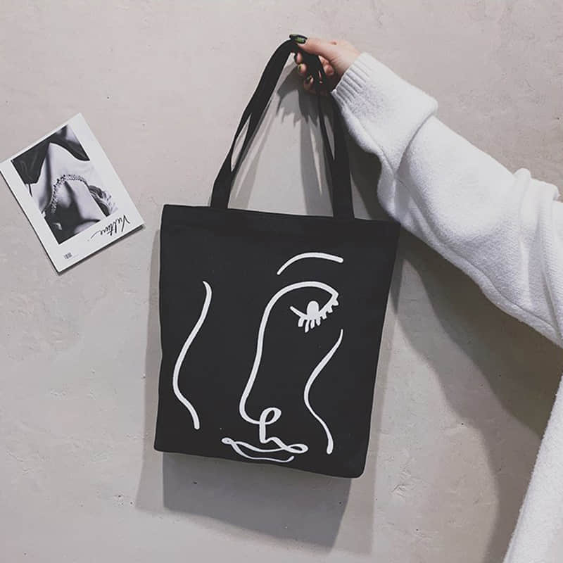 Canvas bag women's single shoulder letter large capacity tote bag Black | IFAUN