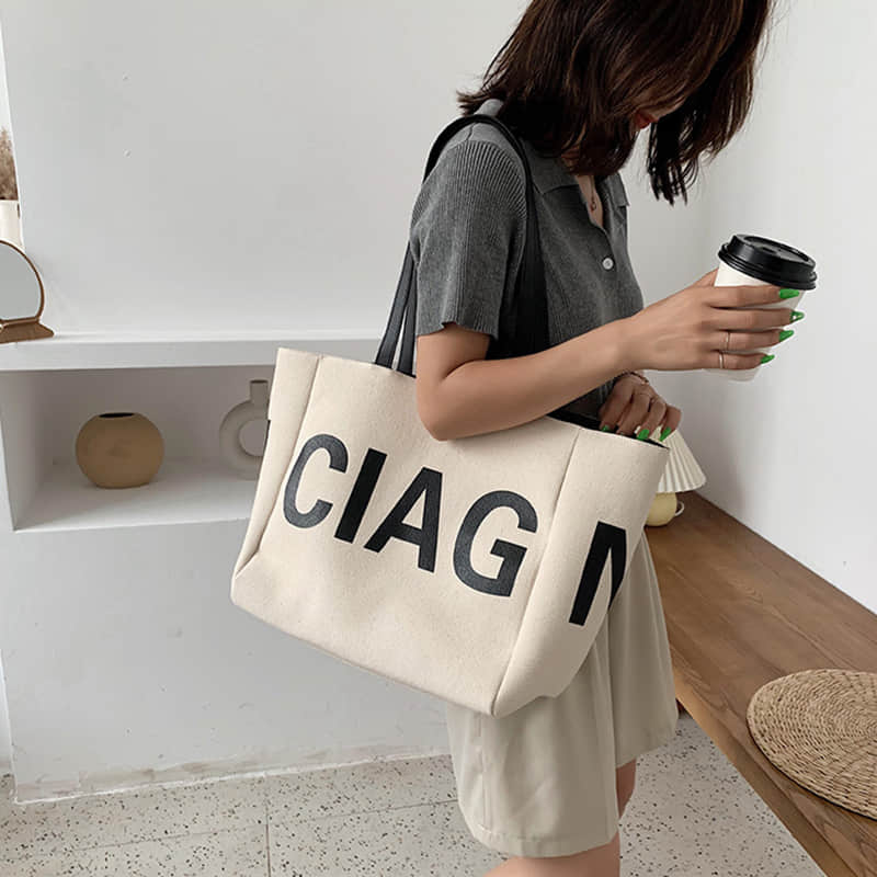 Letter canvas bag women's shoulder bag large capacity tote bag  | IFAUN