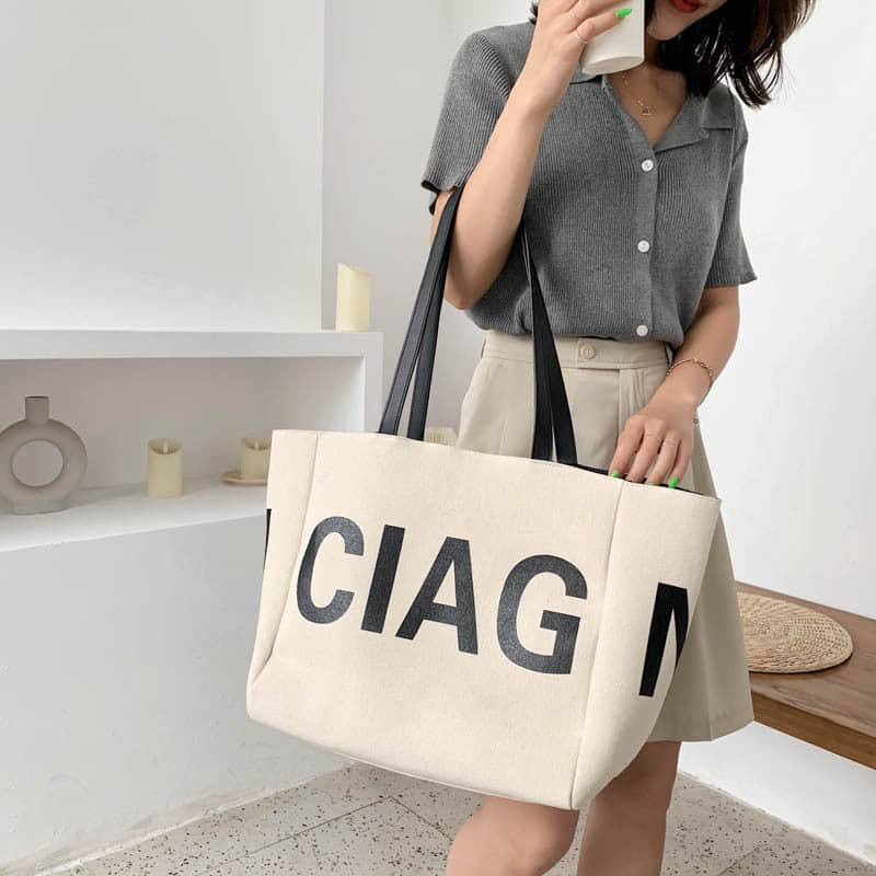 Letter canvas bag women's shoulder bag large capacity tote bag  | IFAUN