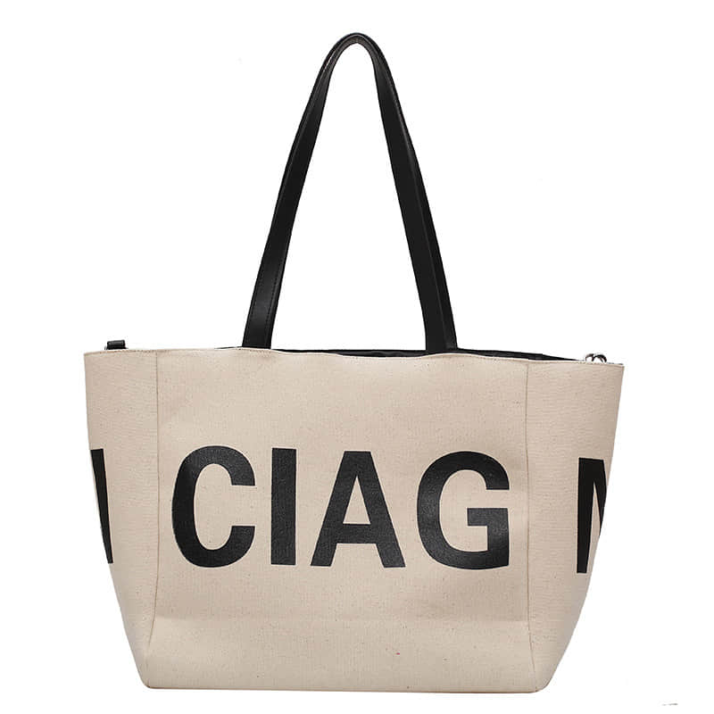 Letter canvas bag women's shoulder bag large capacity tote bag White | IFAUN