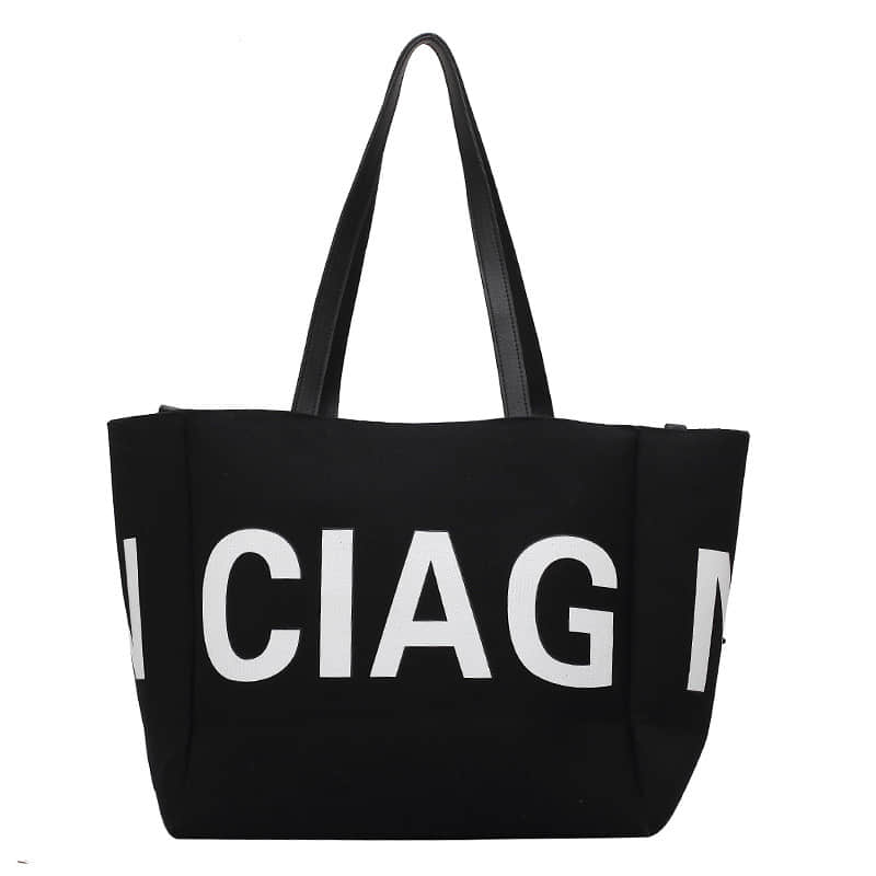 Letter canvas bag women's shoulder bag large capacity tote bag Black | IFAUN