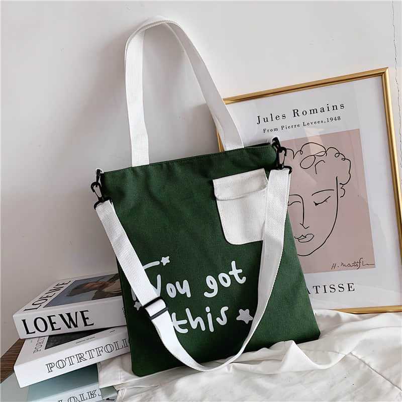 Large-capacity canvas stitching tote bag shoulder bag DarkGreen | IFAUN