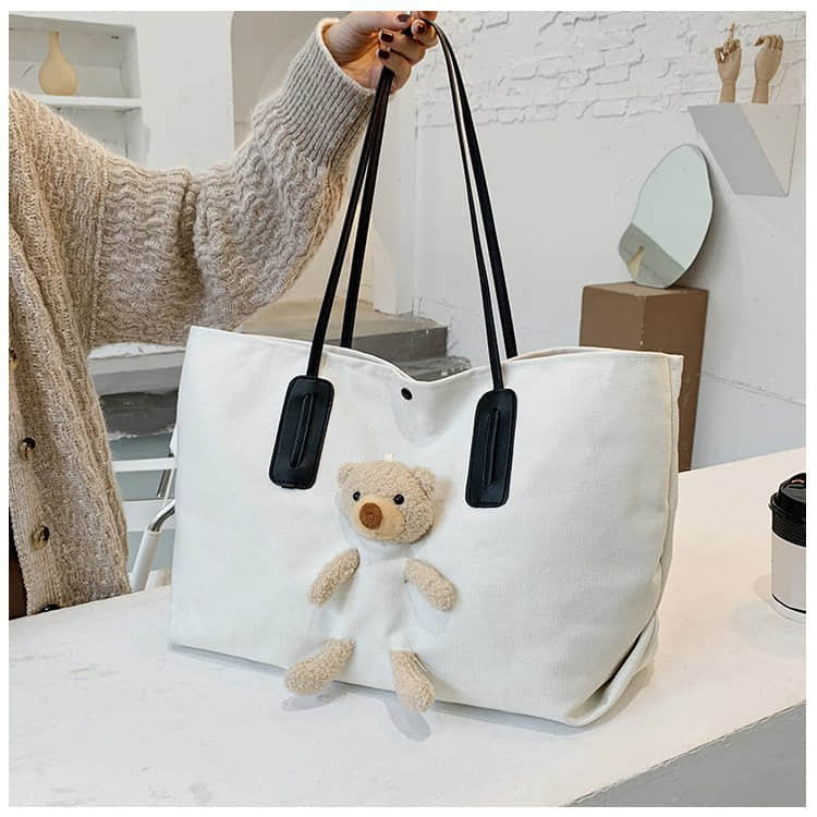 Cute bear large capacity canvas bag women's tote bag White | IFAUN
