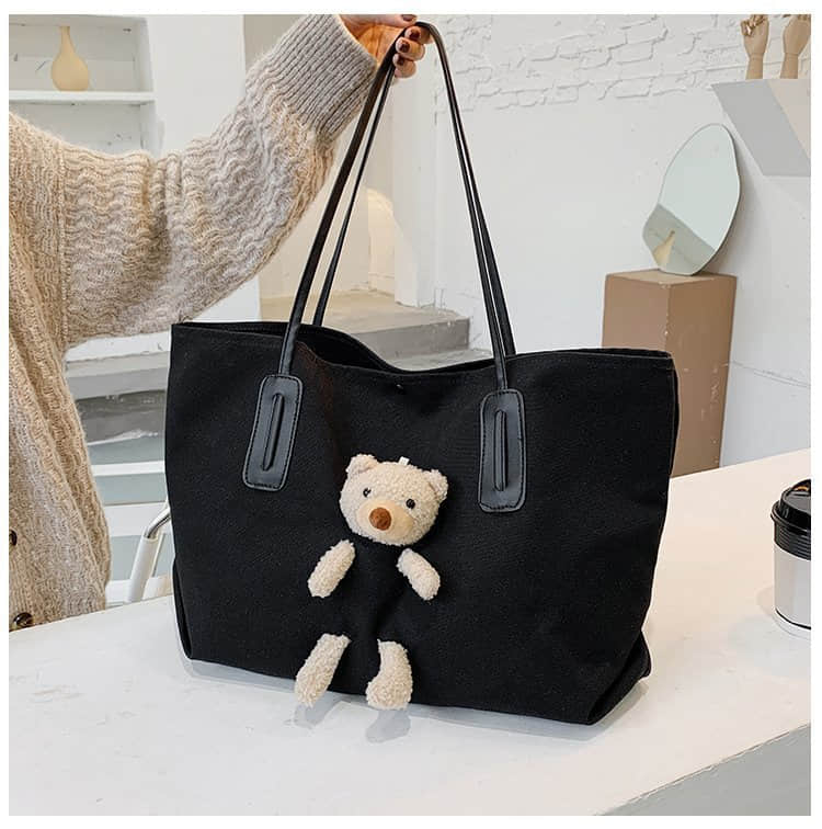 Cute bear large capacity canvas bag women's tote bag Black | IFAUN