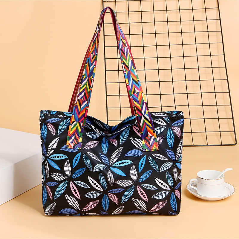 Printed ribbon handbag shopping bag large capacity waterproof Oxford bag Leaf Blue | IFAUN