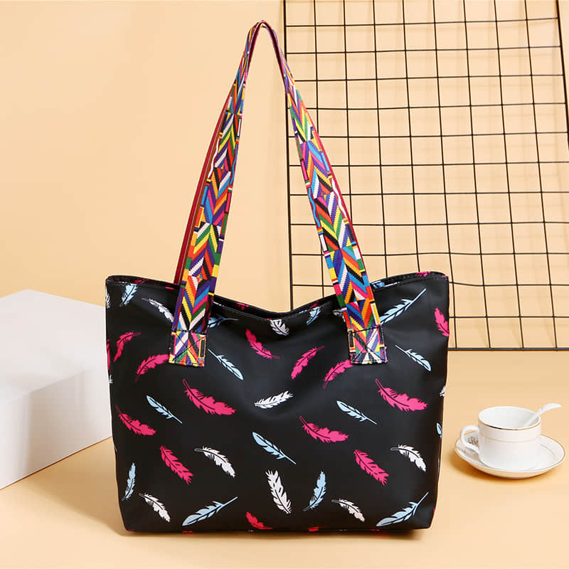 Printed ribbon handbag shopping bag large capacity waterproof Oxford bag Feather Black | IFAUN