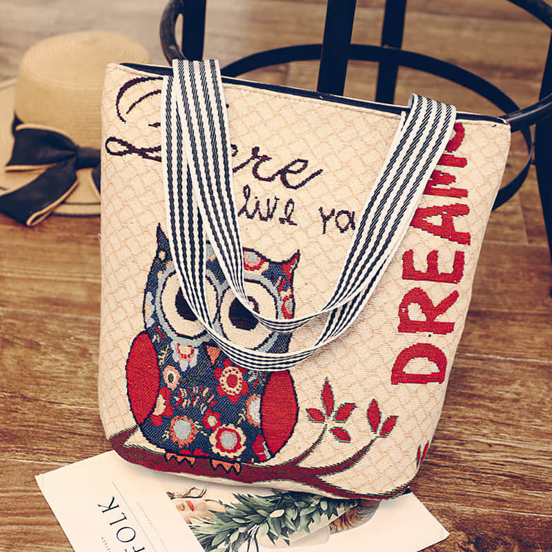 Creative One-shoulder Printed Women's tote Bag Handbag Embroidered Canvas Bag Owl B | IFAUN