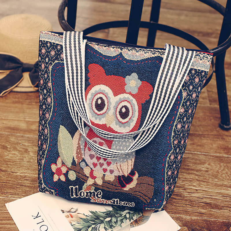 Creative One-shoulder Printed Women's tote Bag Handbag Embroidered Canvas Bag Owl C | IFAUN