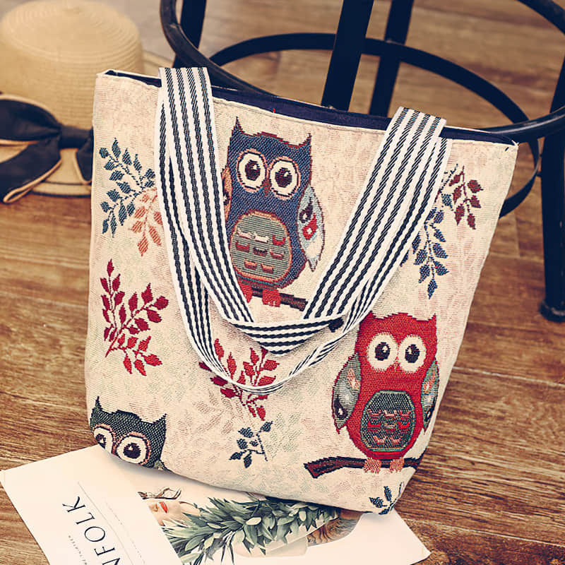 Creative One-shoulder Printed Women's tote Bag Handbag Embroidered Canvas Bag Owl E | IFAUN
