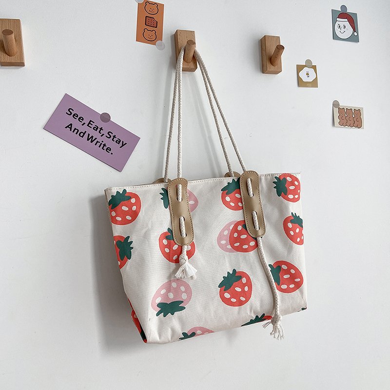 Fashion canvas shoulder bag large capacity portable tote bag Strawberry | IFAUN