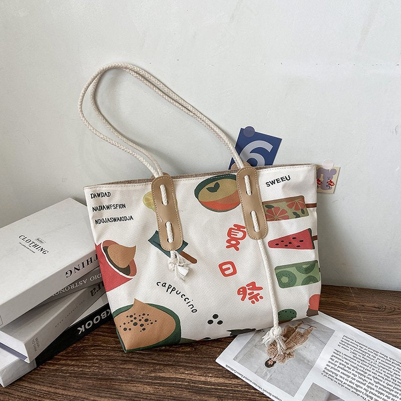 Fashion canvas shoulder bag large capacity portable tote bag Ice cream | IFAUN