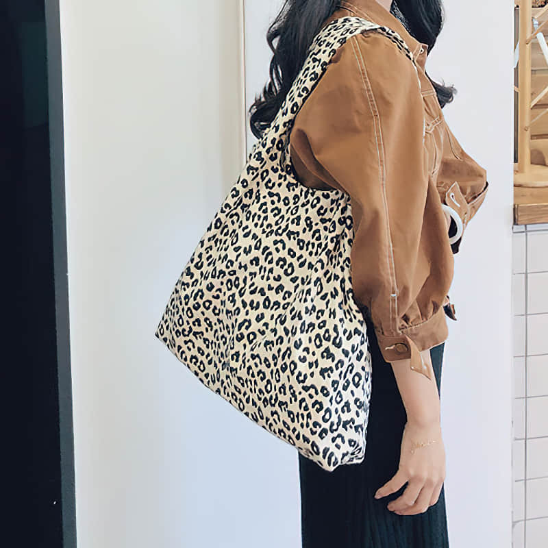 Retro leopard print shoulder bag women fashion simple portable canvas bag  | IFAUN