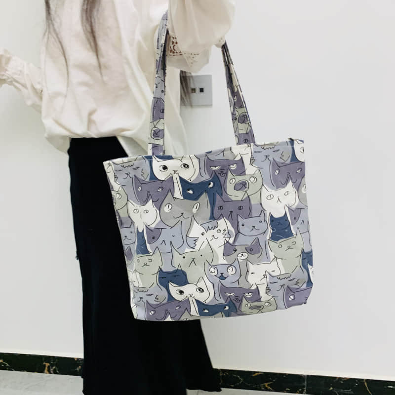 Cute cat canvas bag zipper tote bag  | IFAUN