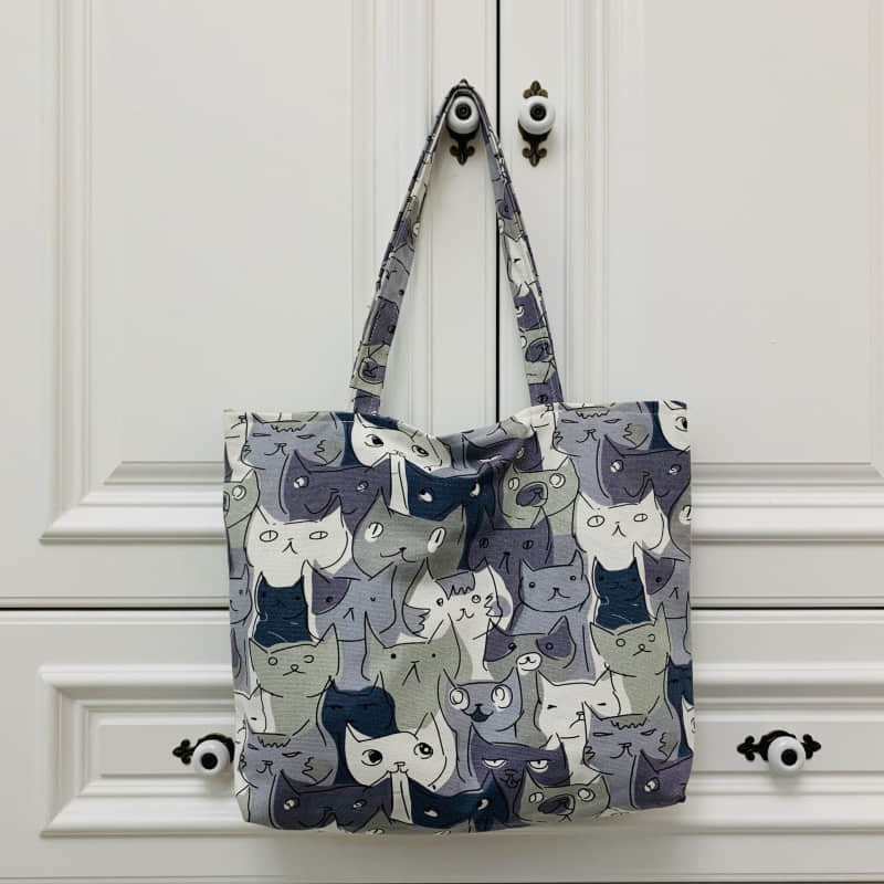 Cute cat canvas bag zipper tote bag Horizontal | IFAUN
