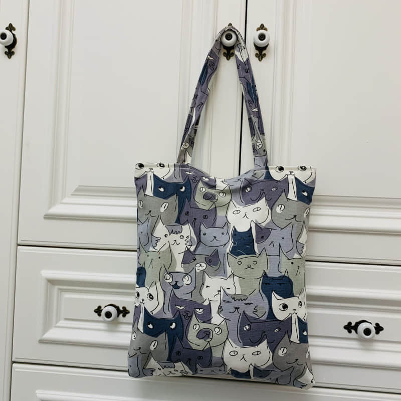 Cute cat canvas bag zipper tote bag Vertical | IFAUN