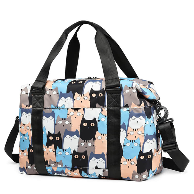 Travel bag women's portable messenger simple and light cute cat printing tote bag LightSkyBlue / L | IFAUN