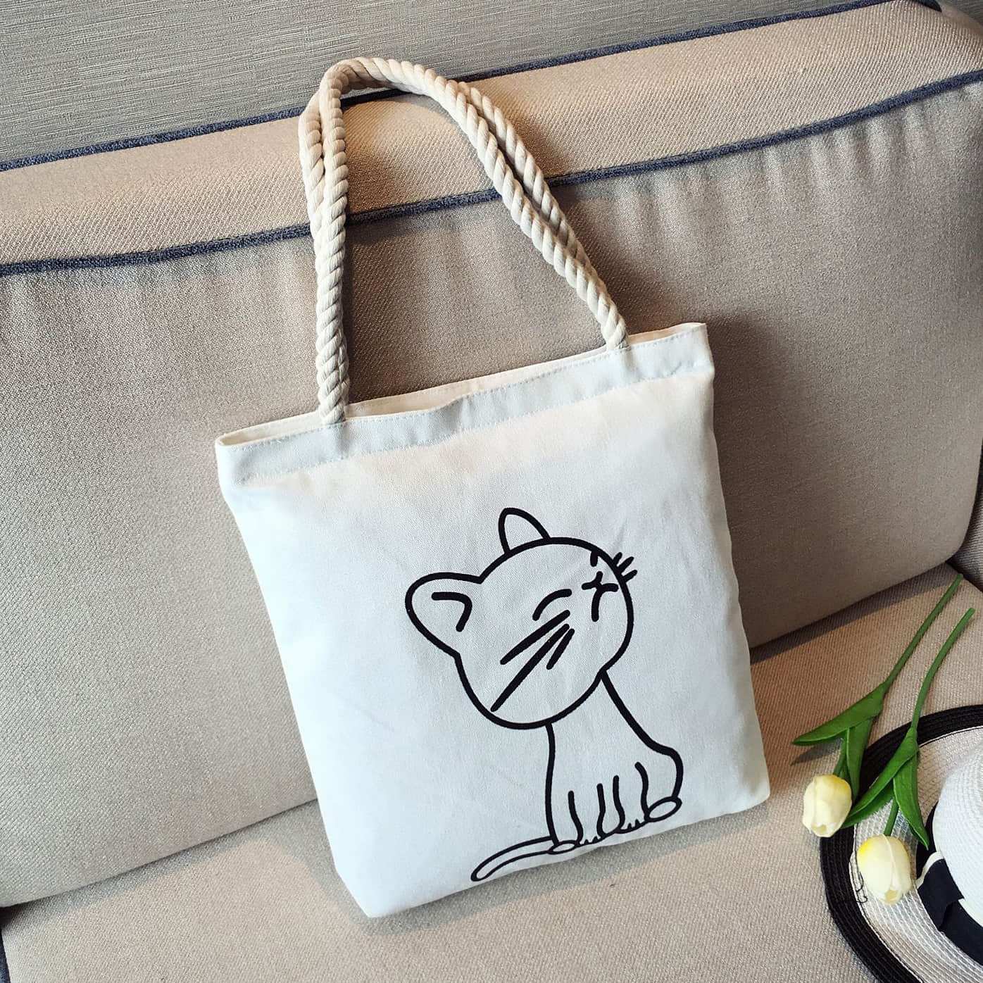 Hemp rope white canvas bag Cute cat | IFAUN