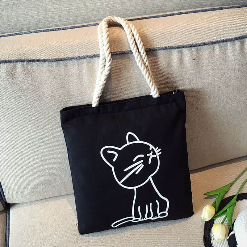 Hemp rope black canvas bag Cute cat | IFAUN