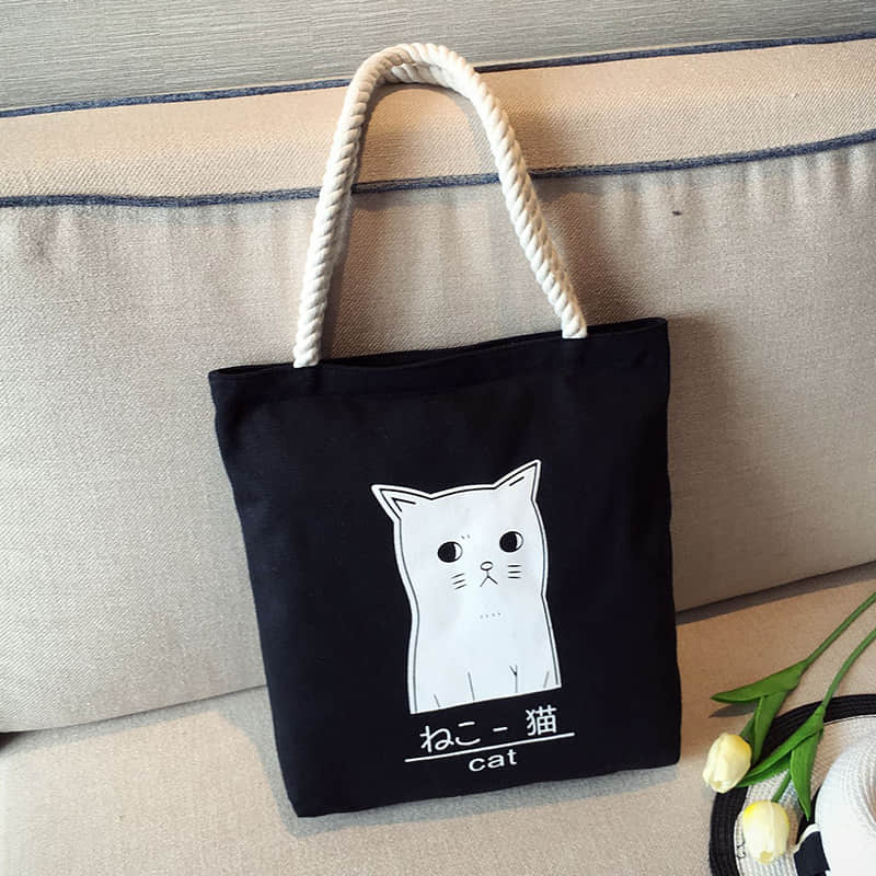 Hemp rope black canvas bag White cat | IFAUN