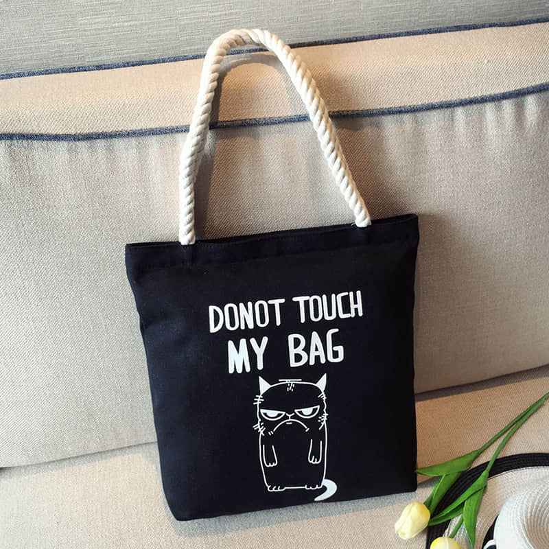 Hemp rope black canvas bag Naughty cat | IFAUN