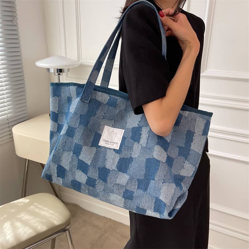 Checkerboard Denim Tote Bag