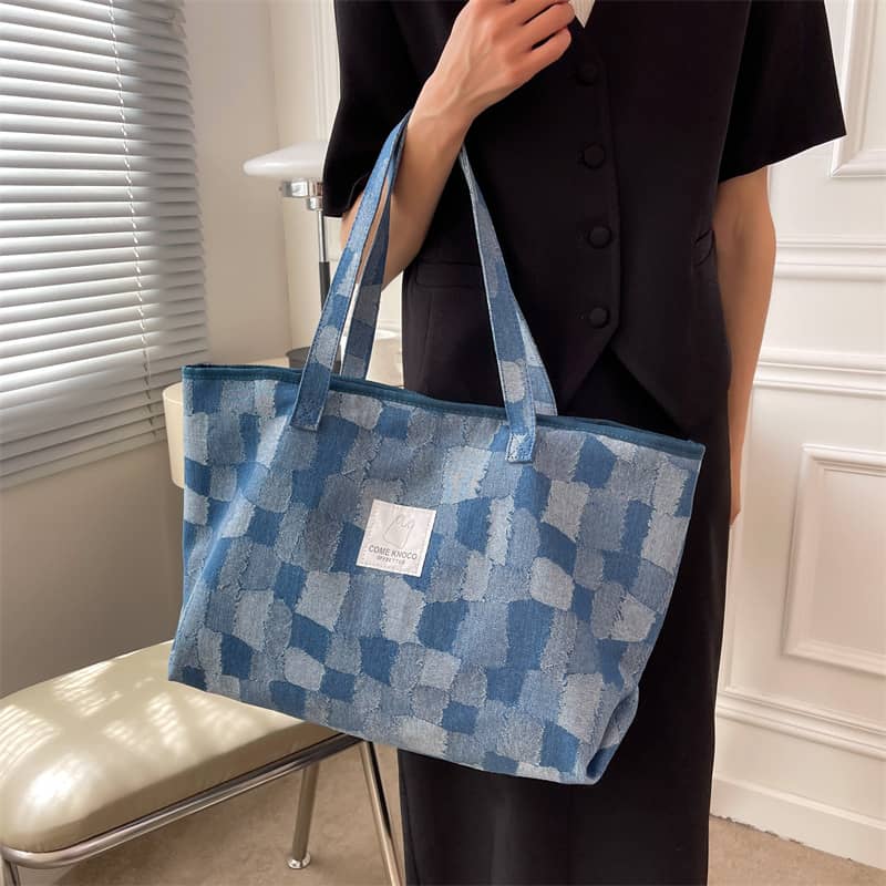 Checkerboard Denim Tote Bag