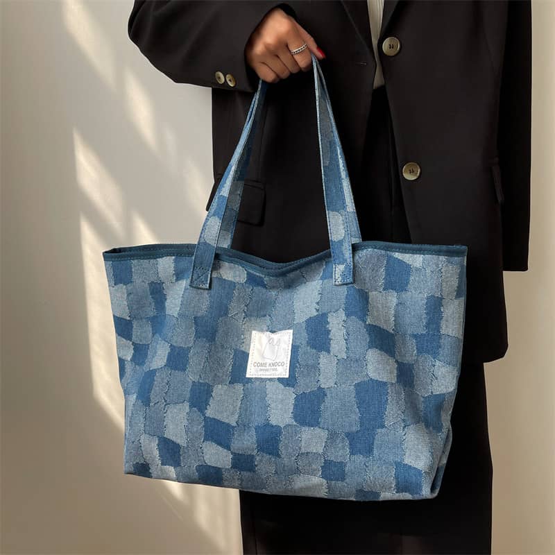 Checkerboard Denim Tote Bag