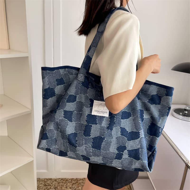 Checkerboard Denim Tote Bag