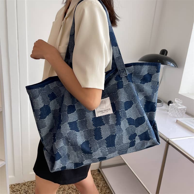 Checkerboard Denim Tote Bag