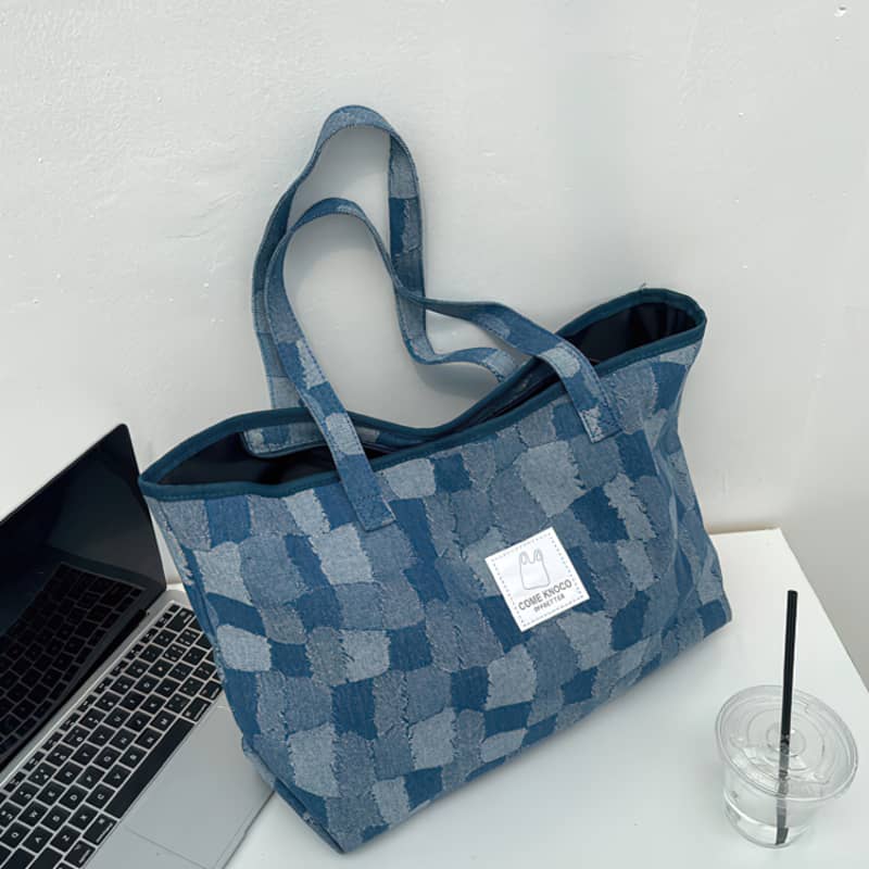 Checkerboard Denim Tote Bag