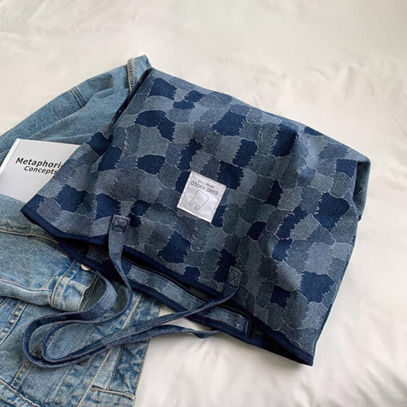 Checkerboard Denim Tote Bag