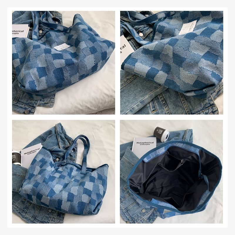 Checkerboard Denim Tote Bag